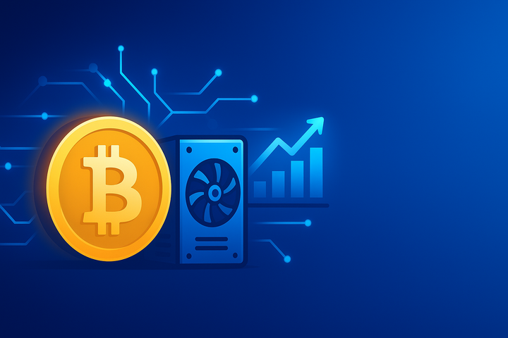 Glowing golden Bitcoin on a blue gradient with circuit lines, ASIC miner on the left, and an upward chart on the right.
