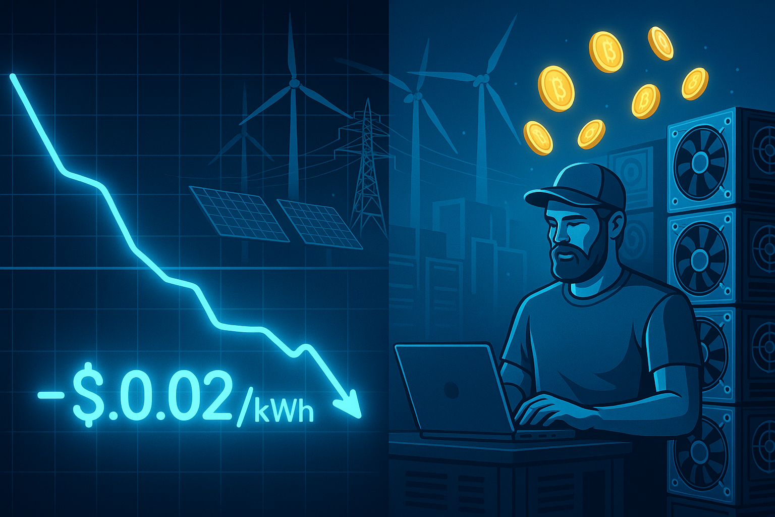 Negative electricity prices illustration with miners, blue grid and chart