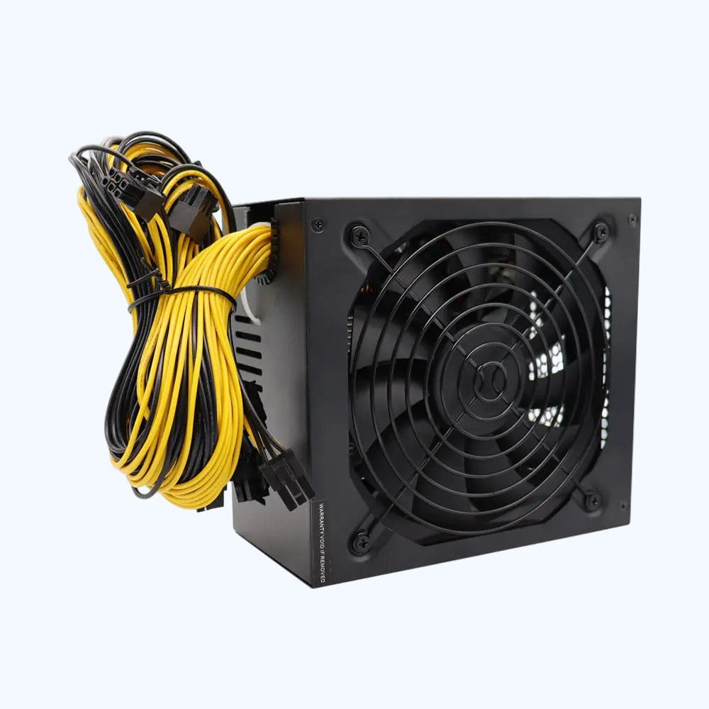 a black power supply unit with cables on a blue tinted background